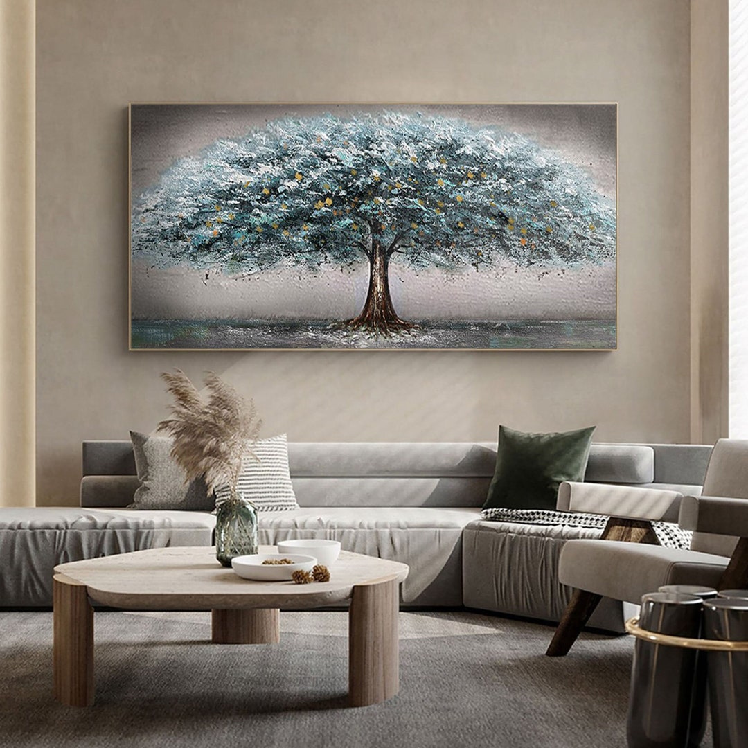 Original Textured Abstract Tree Art Blue Tree Painting Blue Grey Wall