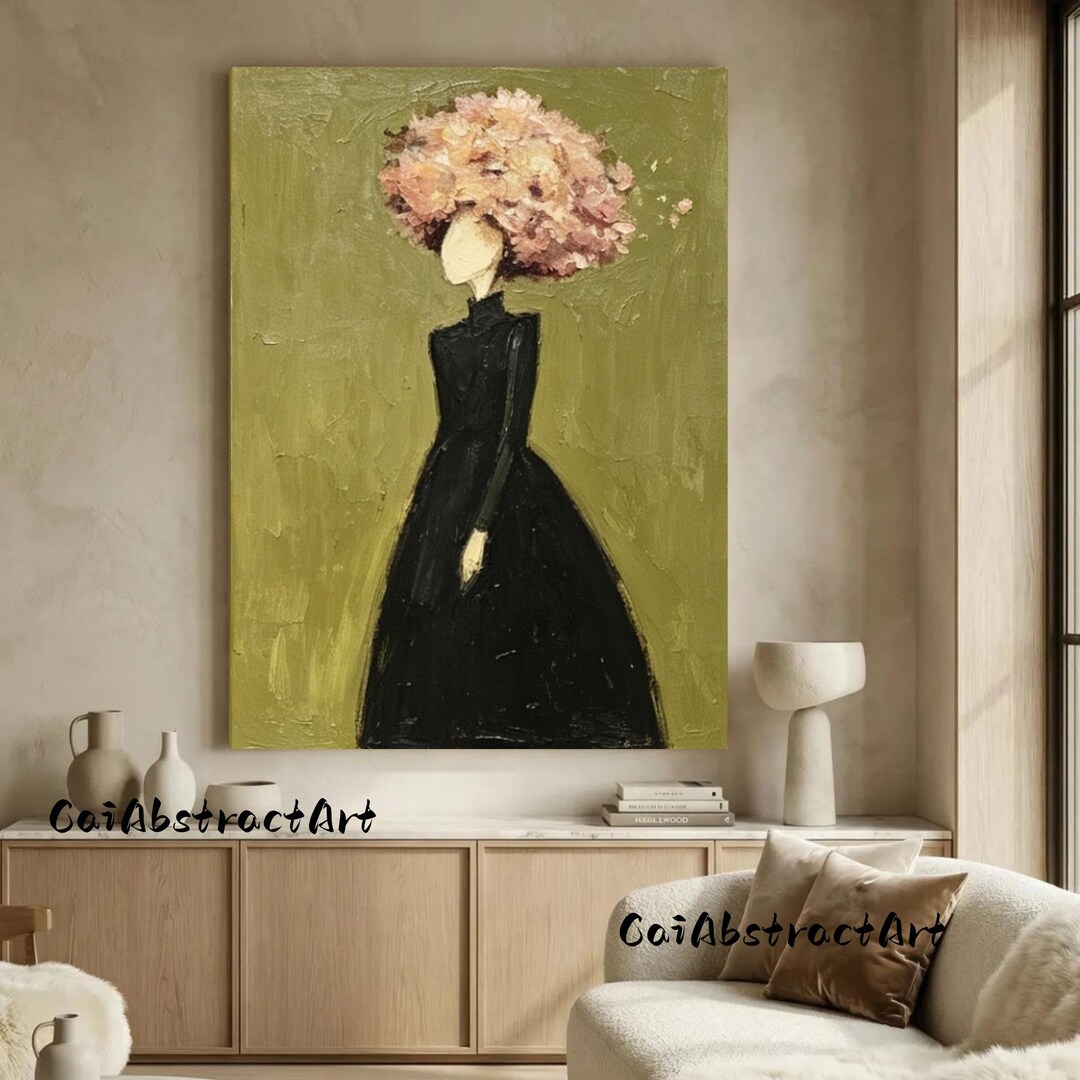 Wabi Sabi Abstract Woman Floral Oil Painting – Textured Green Pink Wall ...