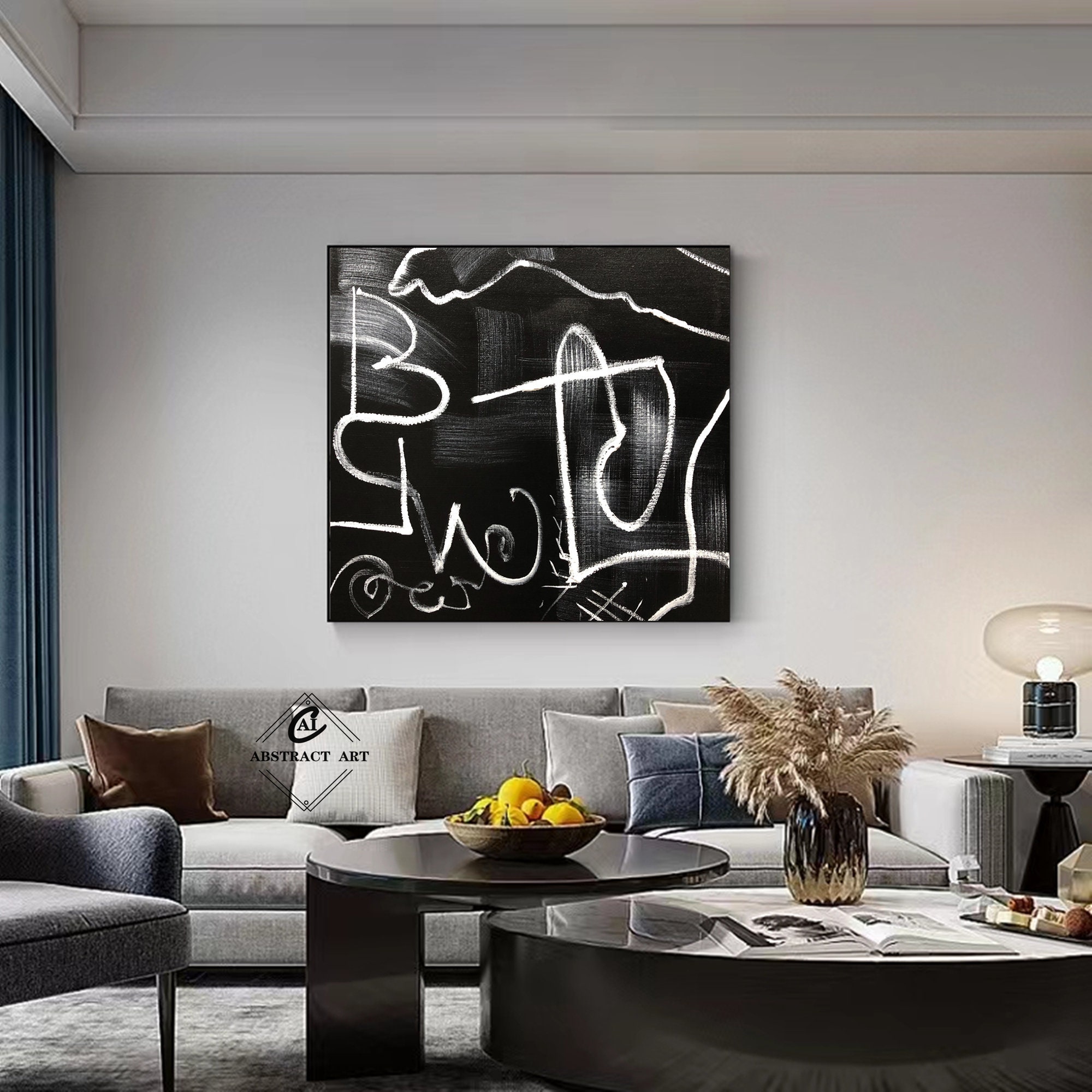 Large Black Canvas Painting Black and White Abstract Line Art Black 3D