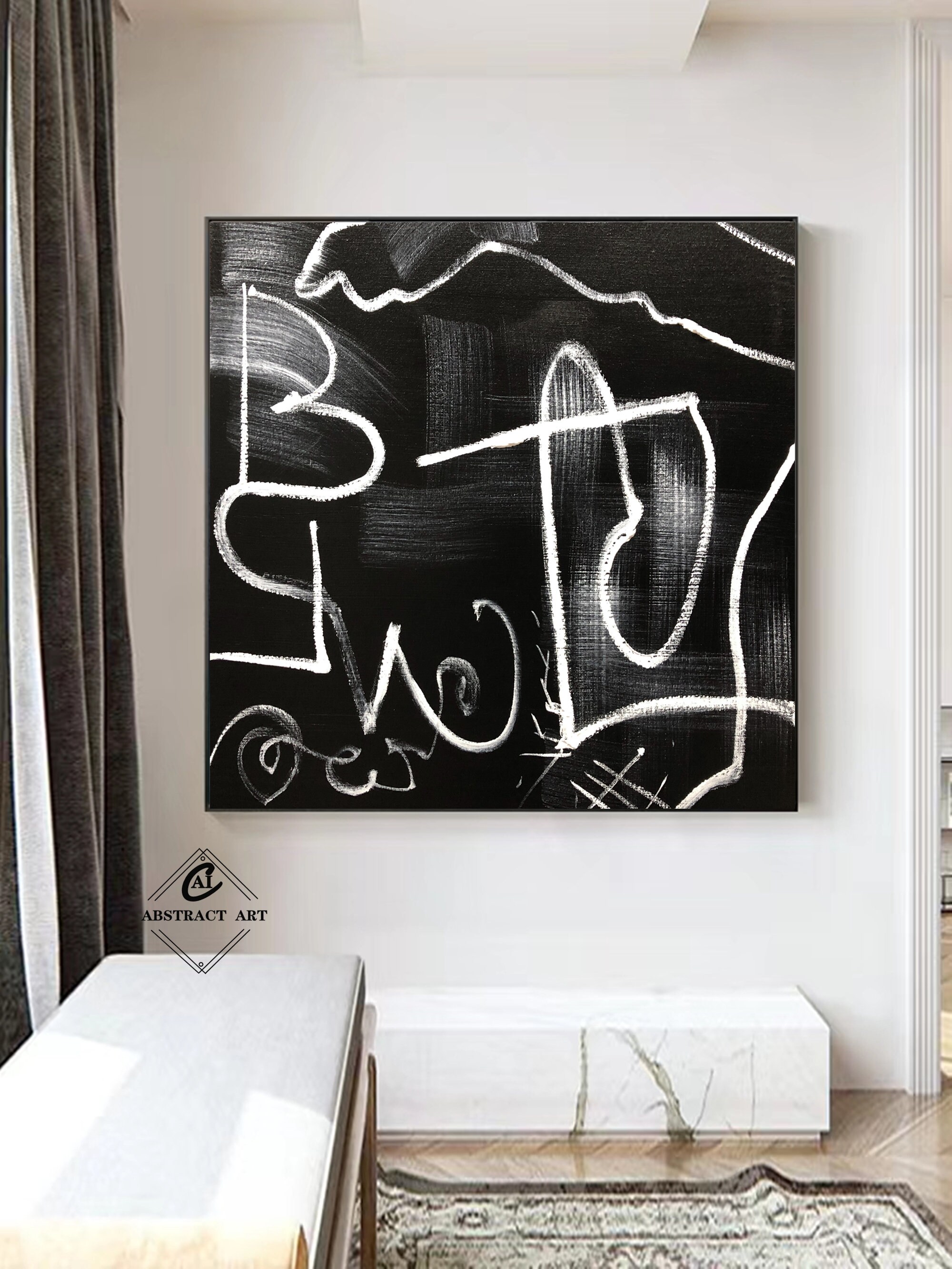 Large Black Canvas Painting Black and White Abstract Line Art Black 3D Texture Painting Black