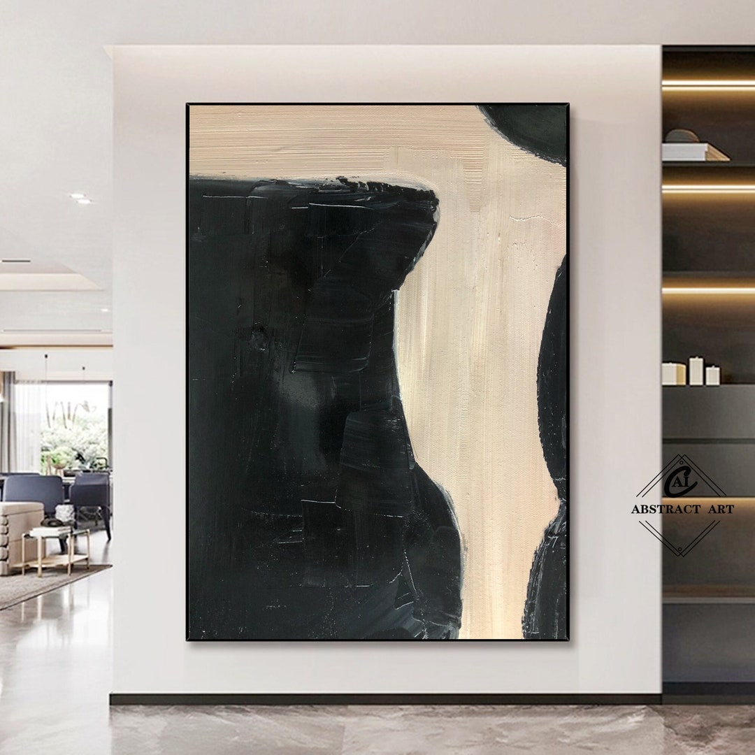 Handmade Black & Beige Abstract Painting: Large Minimalist Canvas Art ...