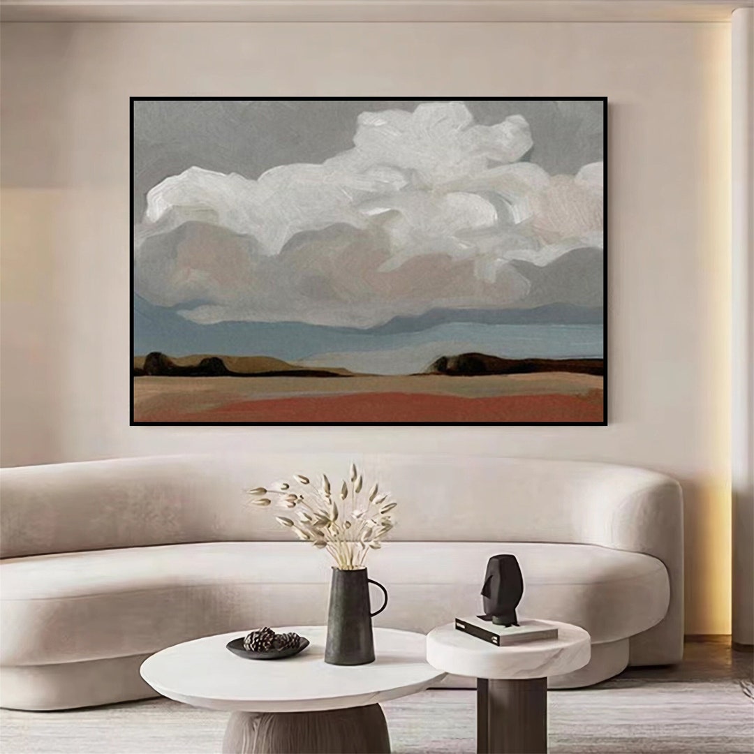 Large Original Grey White Cloud Painting Blue Sky Wall Art Yellow Grass