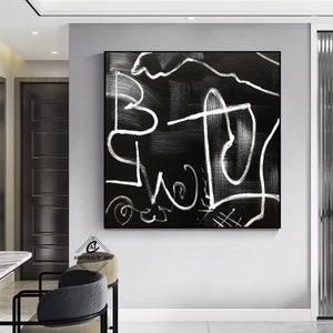 Large Black Canvas Painting Black and White Abstract Line Art - Etsy
