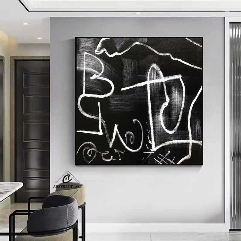 Large Black Canvas Painting Black and White Abstract Line Art Black 3D