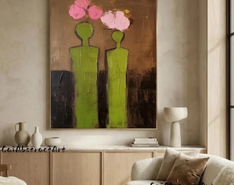 Wabi Sabi Neutral Abstract Woman Canvas Brown Green Textured Oil Painting Wall Art