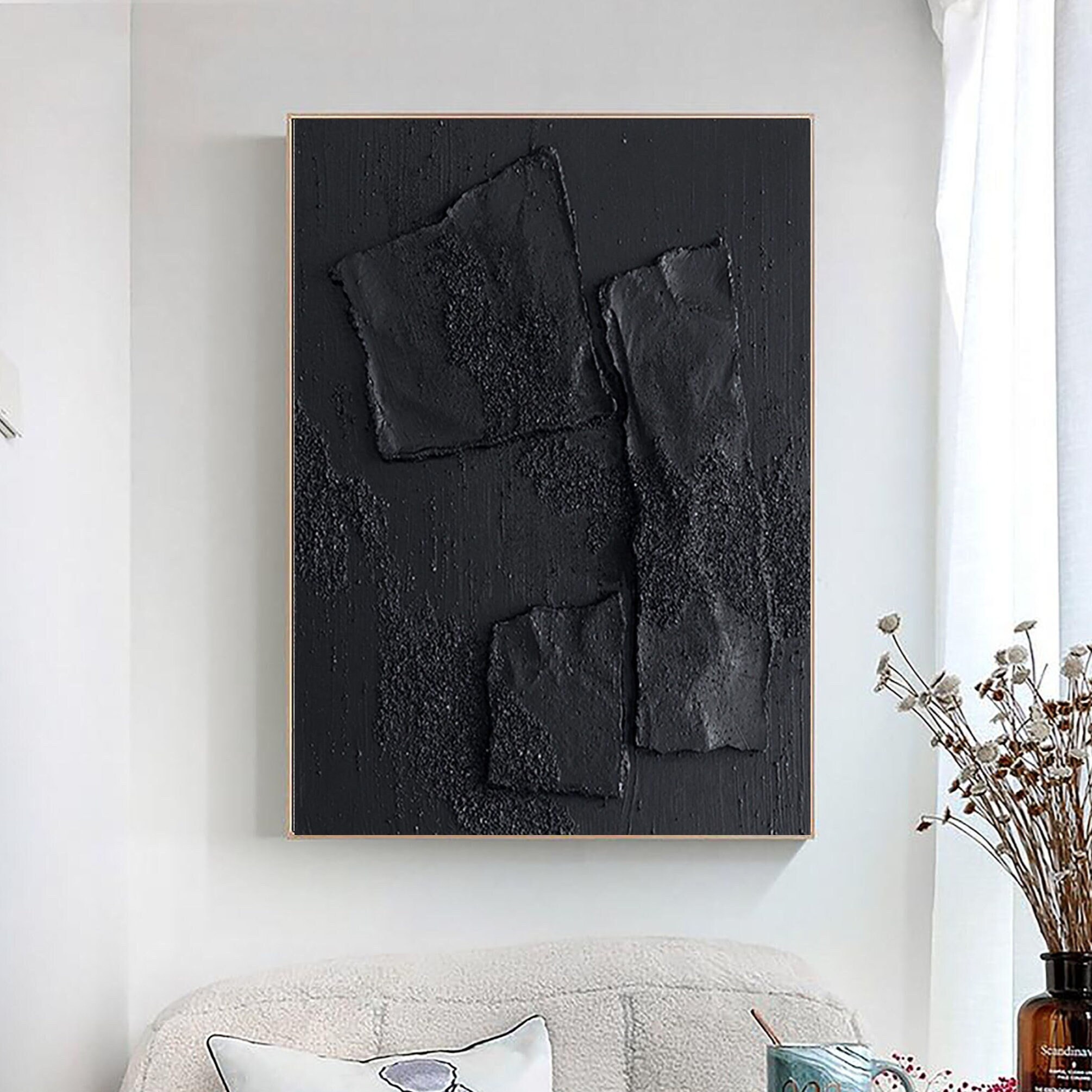 Large Black 3D Plaster Painting Black Wabi Sabi Wall Art Black