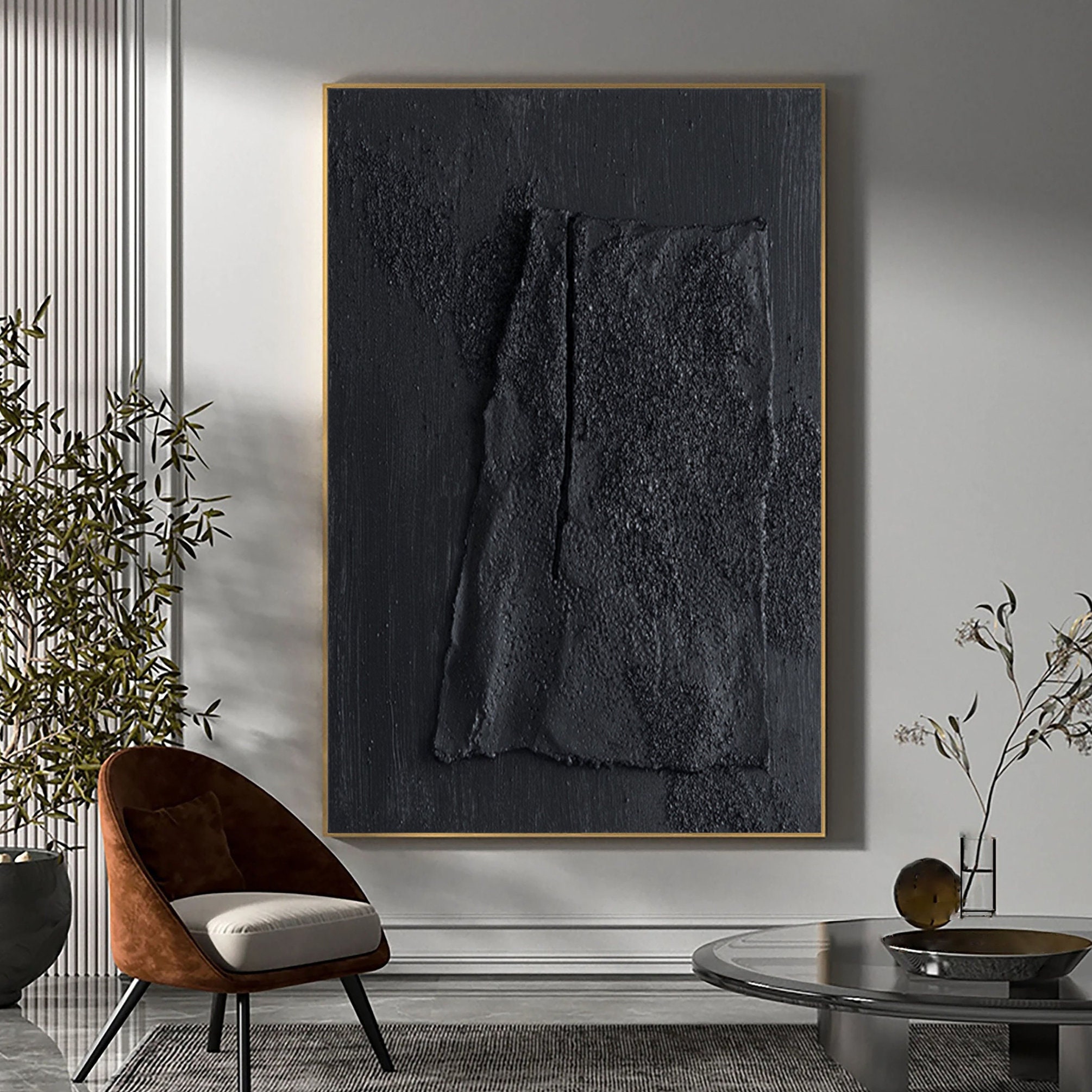 Large Black 3D Textured Abstract Painting: Minimalist Wall Art - Etsy