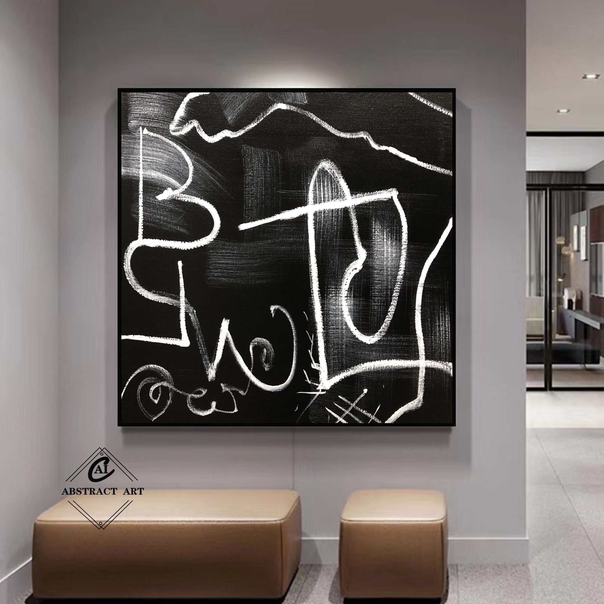 Large Black Canvas Painting Black and White Abstract Line Art Black 3D