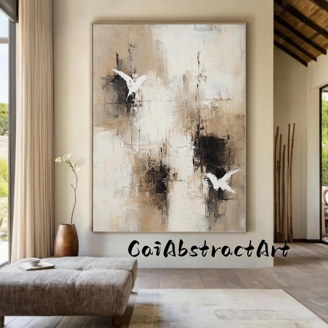 Beige Textured Abstract Painting: Wabi Sabi Geometric Canvas Wall Art ...