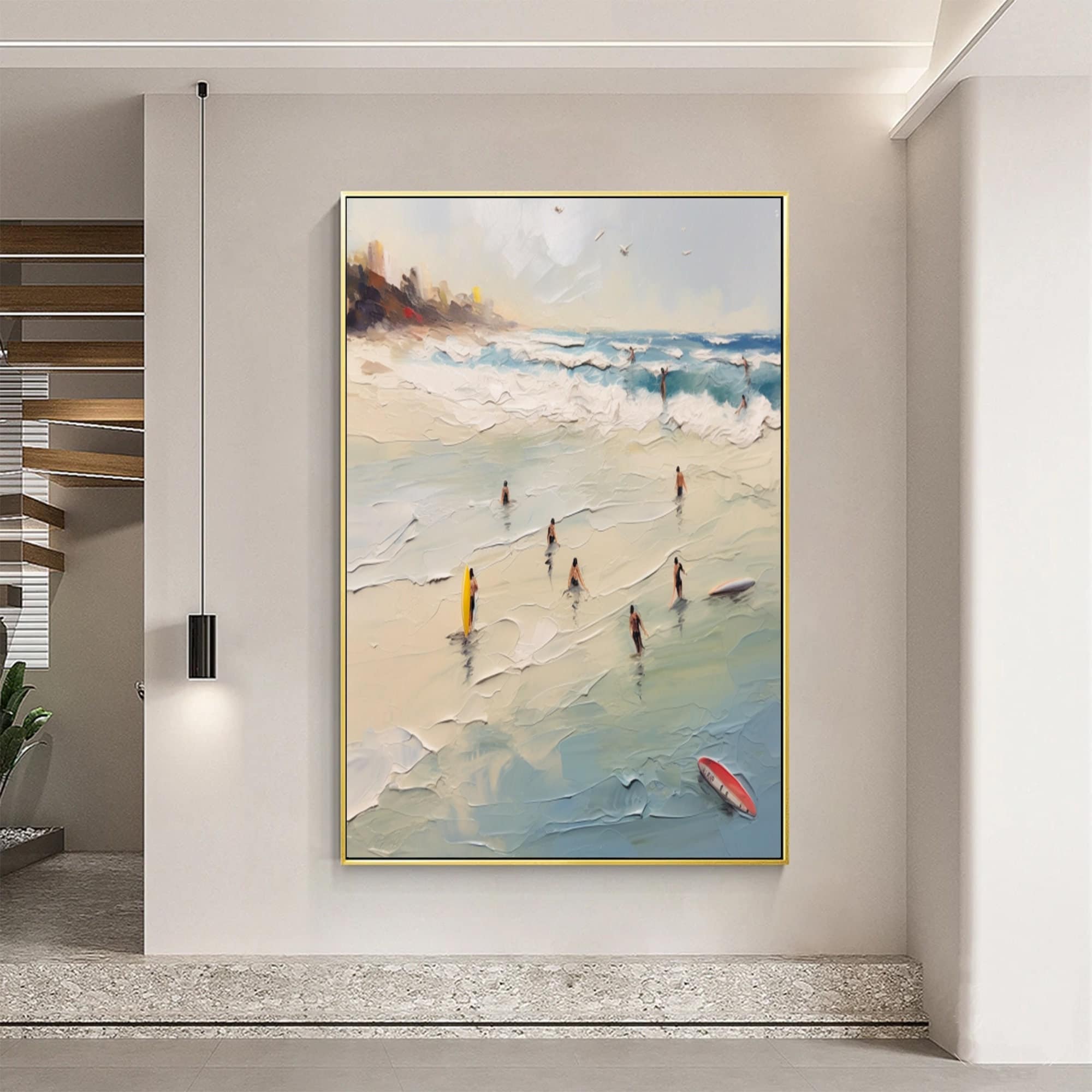 Large 3D Abstract Seascape Oil Painting: Minimalist Coastal Decor Art