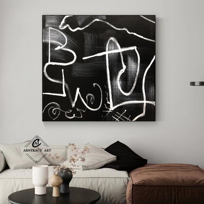 Large Black Canvas Painting Black and White Abstract Line Art Black 3D
