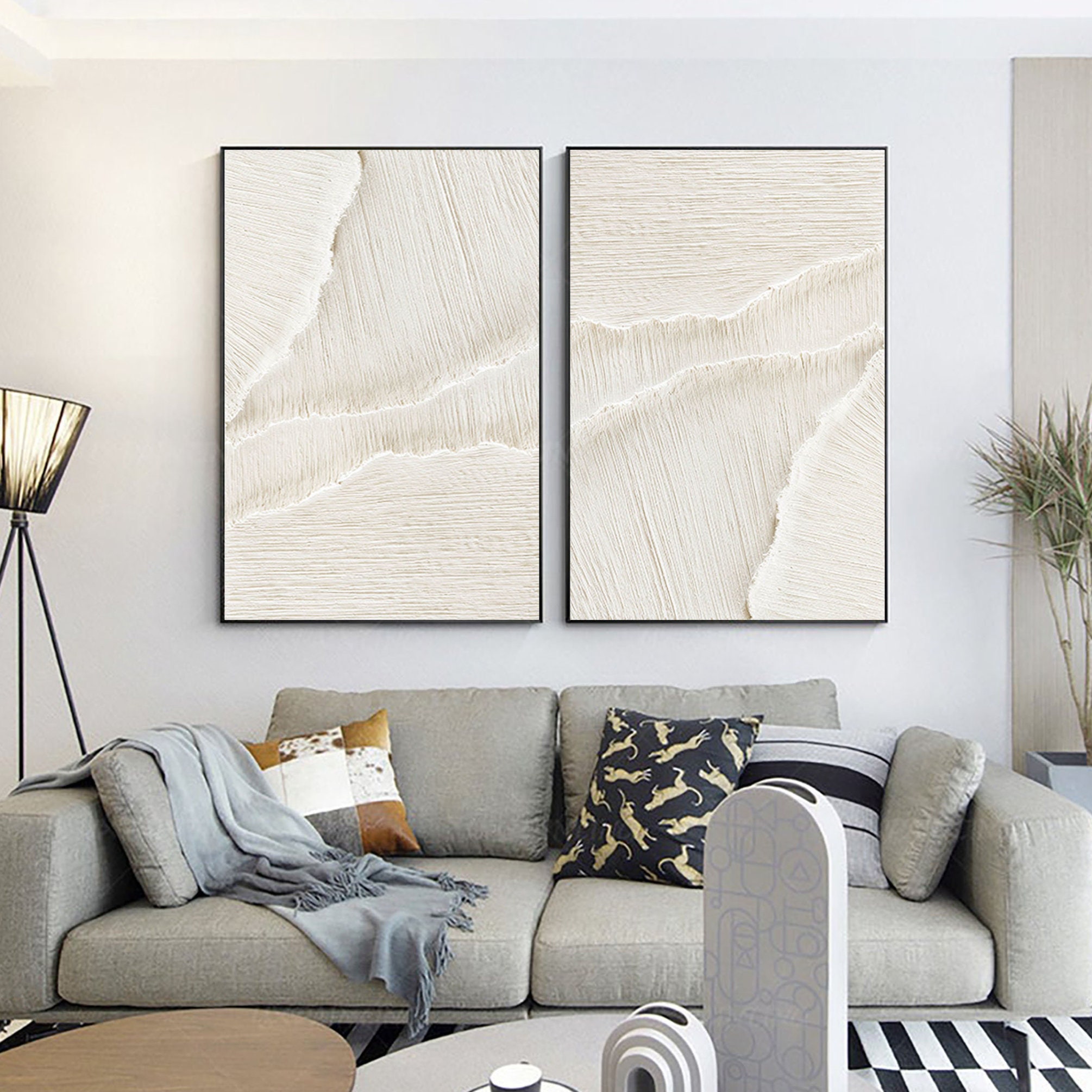 Large Nordic White Abstract Art White Beige 3D Texture Painting Set of