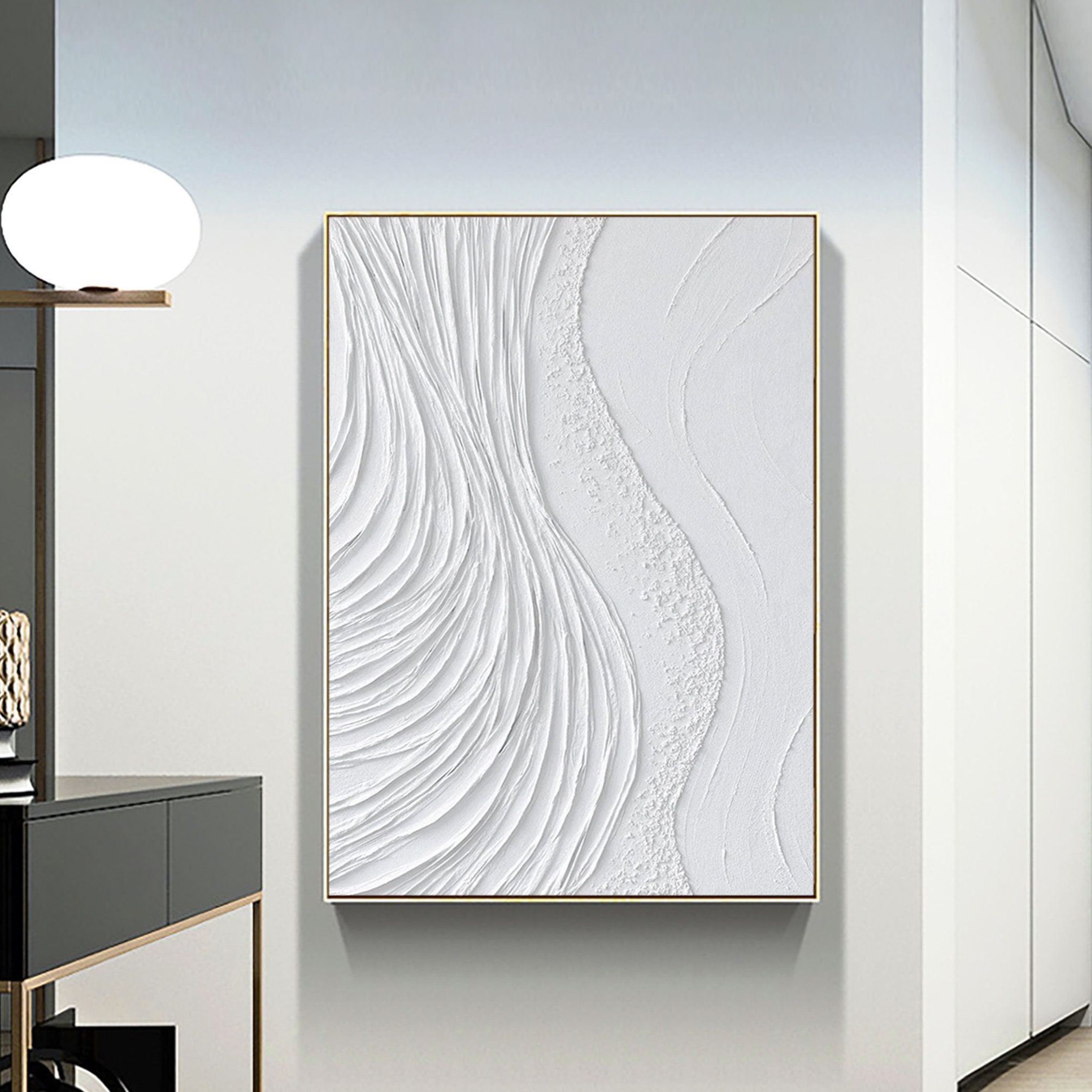 View of Large White Textured Painting 3D Minimalist White Textured Wall Art ...