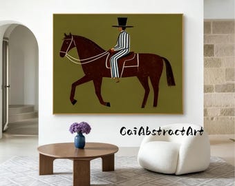 Abstract Thick Impasto Oil Painting of Western Cowboy on Horse, Ash Green Minimal Farmhouse Wall Mural