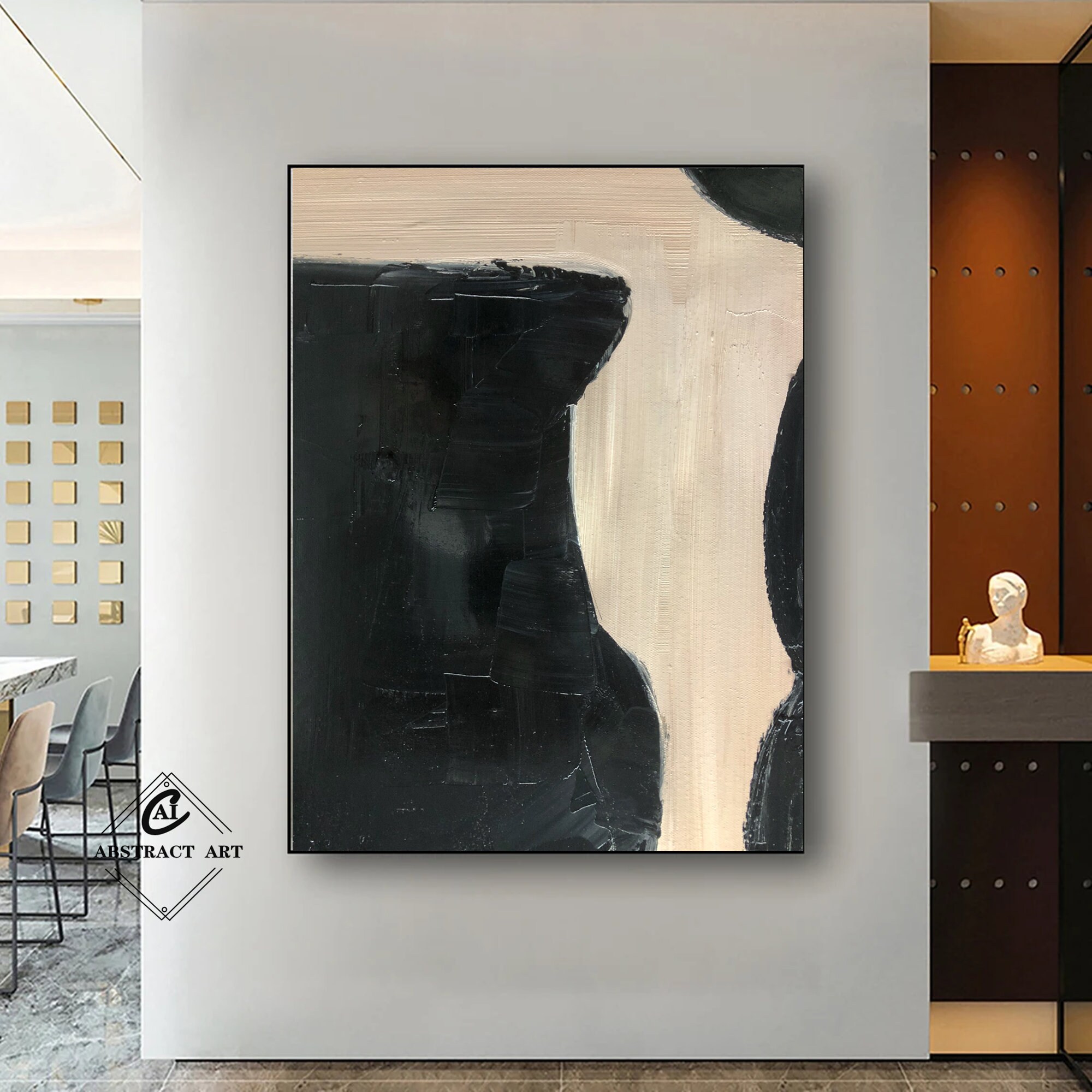 Handmade Black & Beige Abstract Painting: Large Minimalist Canvas Art ...