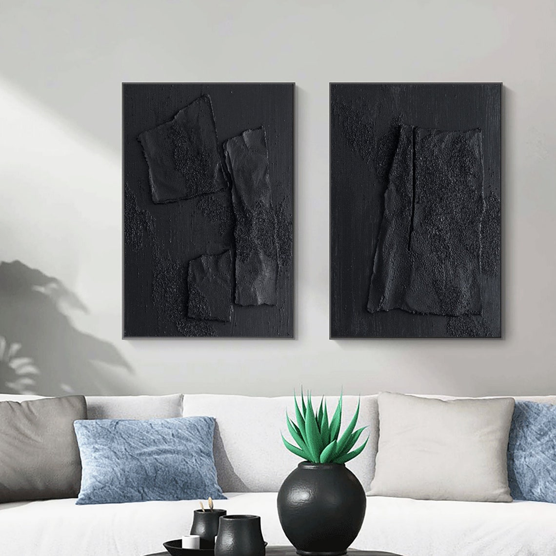 Black Textured Abstract Painting Set: Minimalist Wall Art - Etsy