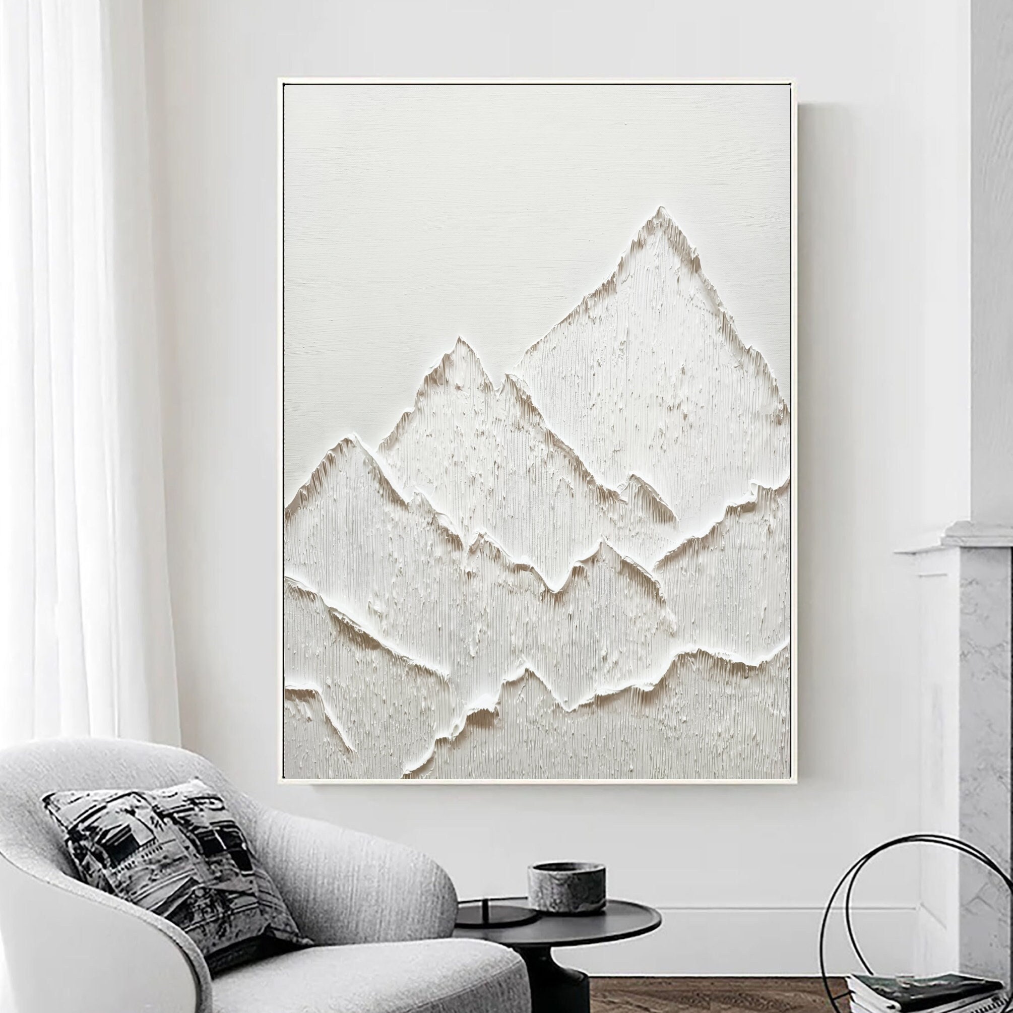 Large White Abstract Mountain Painting: 3D Texture Wabi Sabi Wall
