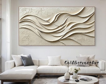 Trójwymiarowa tekstura fal oceanicznych na ścianie w beżowym stylu Wabi-Sabi. Minimalistyczny obraz gipsowy na płótnie. Oryginalny abstrakcyjny obraz. Wystrój salonu.