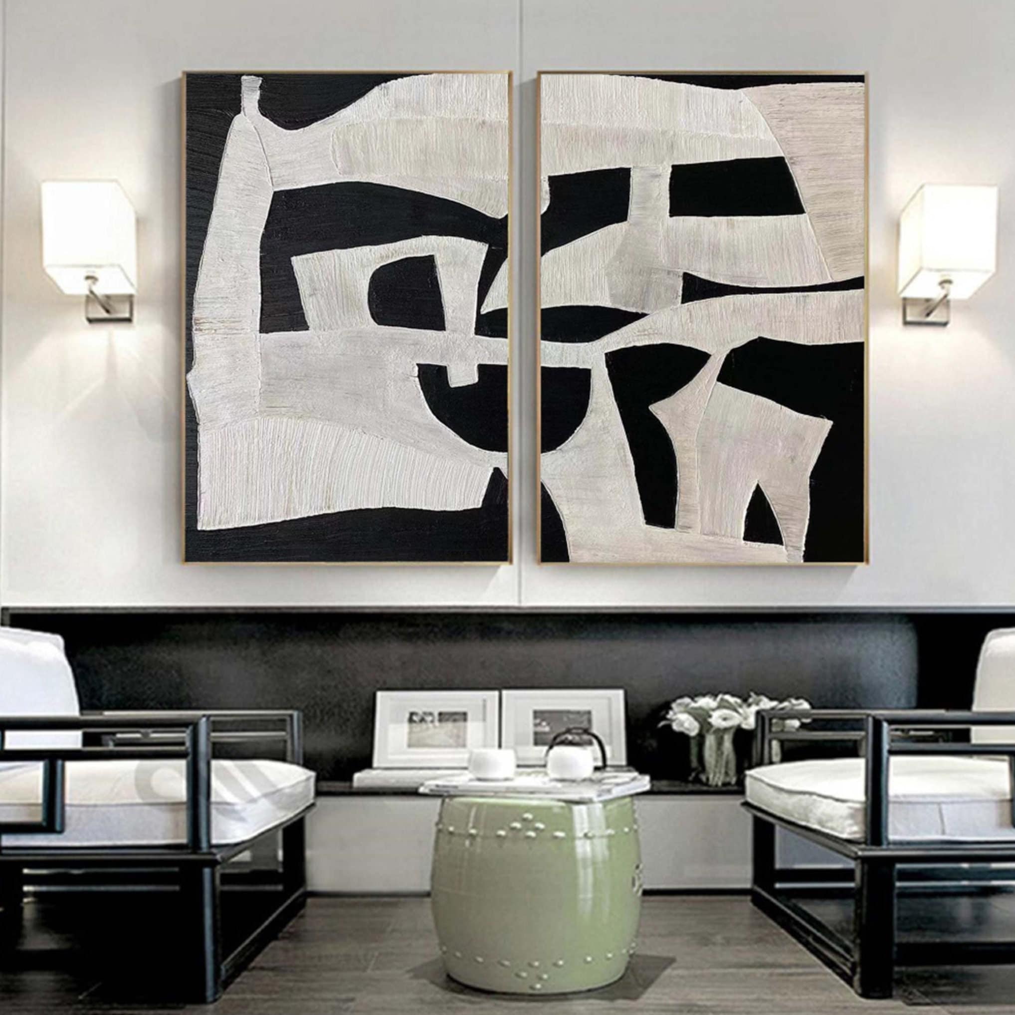 Black and Beige Abstract Painting Set of 2 Black and Beige Wall Decor Set of 2 Black and Beige