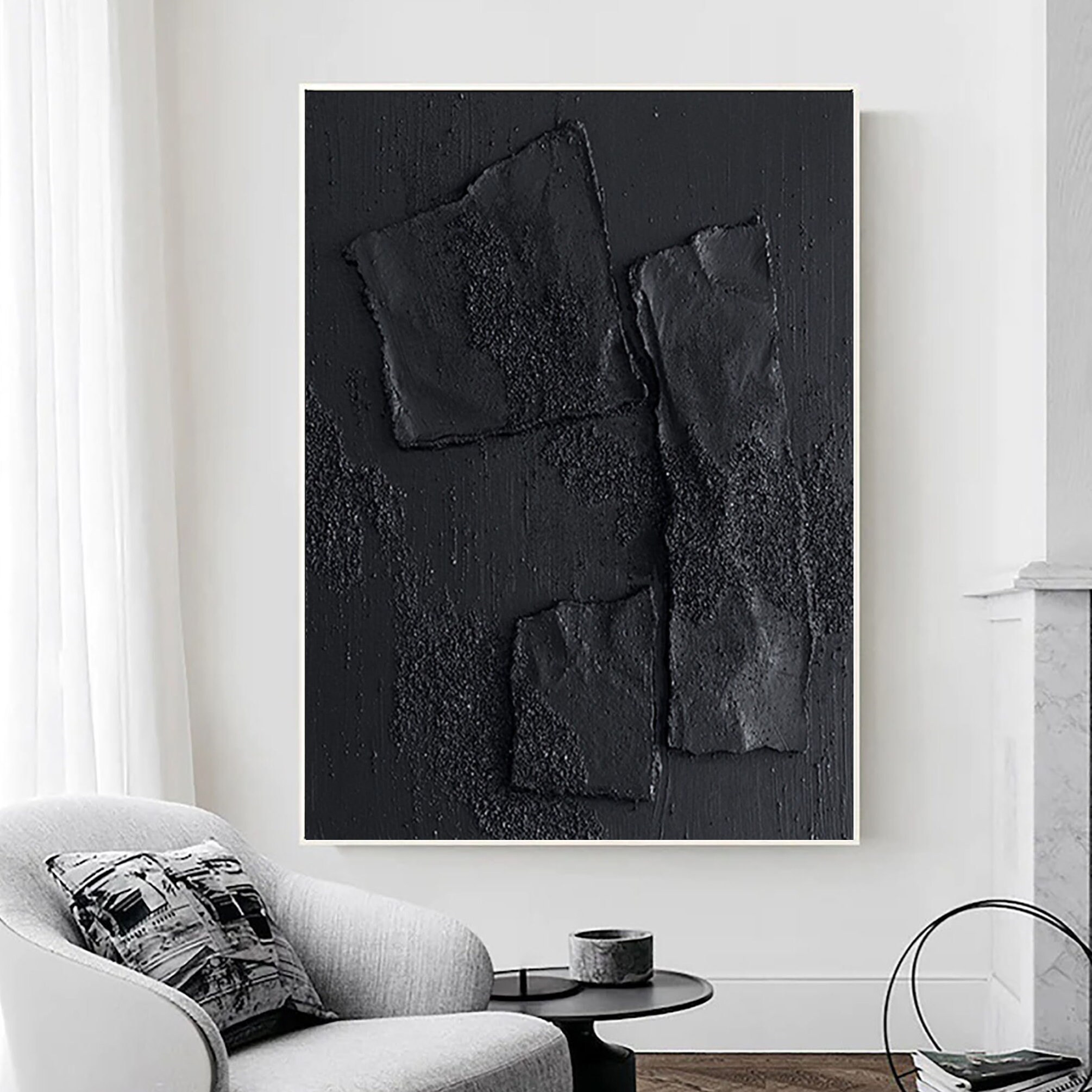 Large Black 3D Plaster Painting Black Wabi Sabi Wall Art Black ...