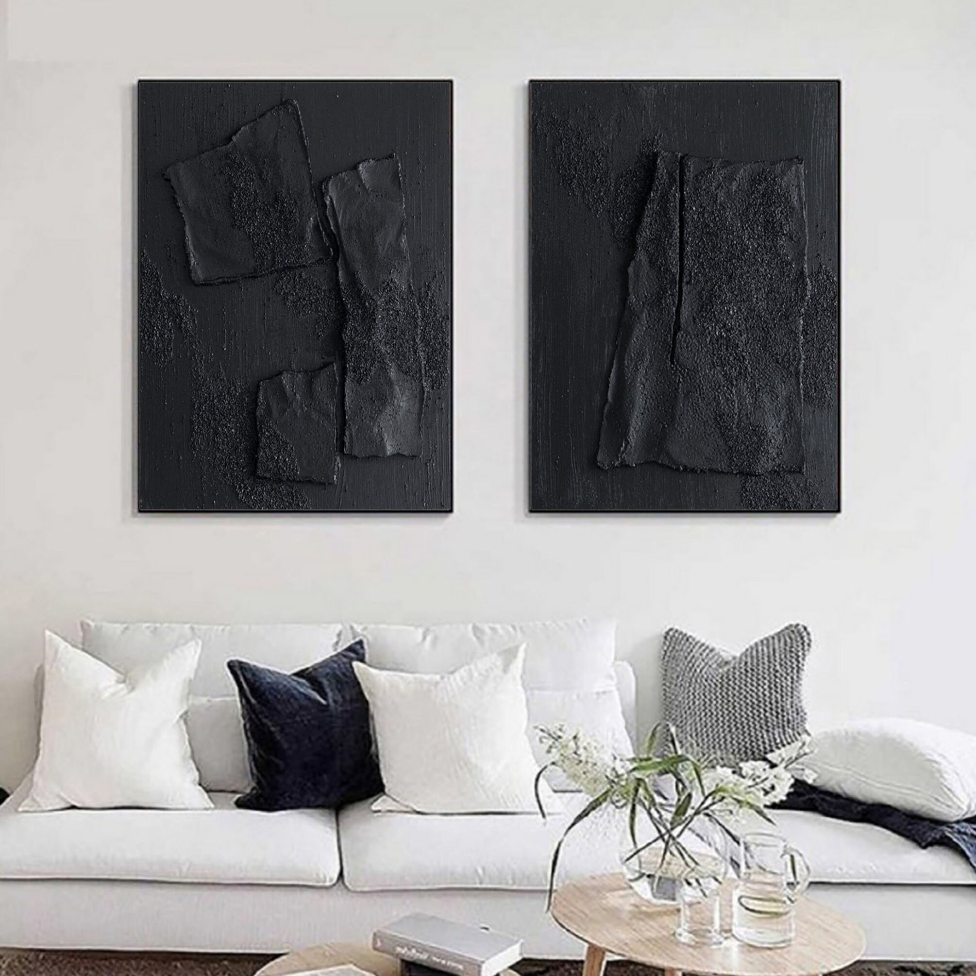 Black Textured Abstract Painting Set: Minimalist Wall Art - Etsy