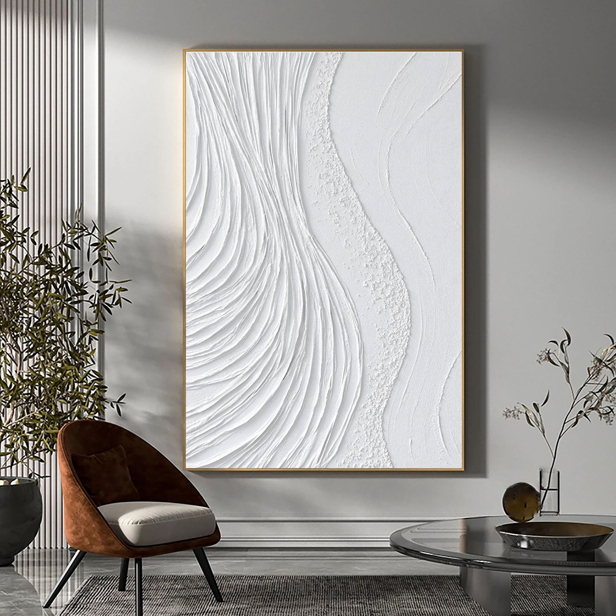 View of Large White Textured Painting 3D Minimalist White Textured Wall Art ...