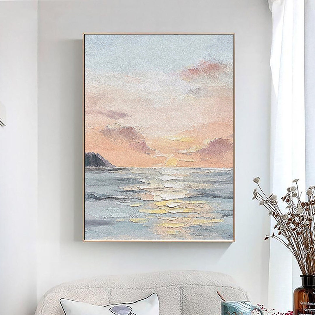 Abstract Sunset Ocean Oil Painting: Textured Coastal Seascape Canvas ...