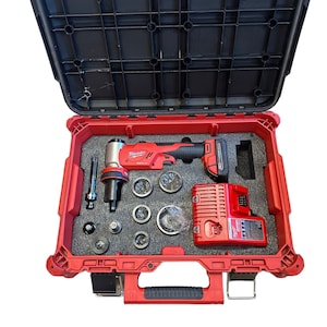 May include: A red Milwaukee cordless hydraulic crimper tool kit in a red hard case. The kit includes a crimper, battery, charger, and various dies.