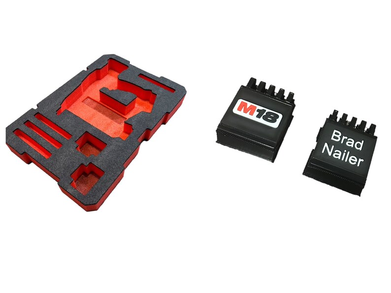 Inserto de espuma Kaizen M18 para clavadora de clavos y grapadora de corona de Milwaukee Packout. Inserto de espuma Kaizen (no incluye herramientas ni Packout). Option 2 Brad&Latch