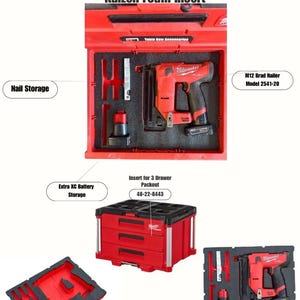 K&ouml;nnte beinhalten: Milwaukee Packout M12 Brad Nailer Kaizen Schaumstoffeinsatz f&uuml;r 3-Schubladen-Packout. Der Einsatz ist rot und schwarz und verf&uuml;gt &uuml;ber einen Schaumstoffeinsatz f&uuml;r den Nagler, den Akku und die N&auml;gel. Der Packout ist rot und schwarz und hat drei Schubladen. Der Nagler ist rot und schwarz und tr&auml;gt das Milwaukee-Logo. Die Modellnummer lautet 2541-20.