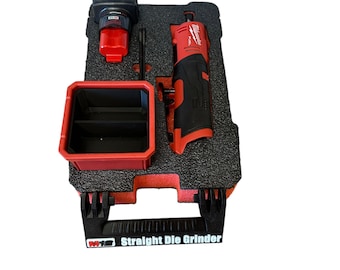 May include: A red and black Milwaukee M18 FUEL Straight Die Grinder in a foam-lined carrying case with a red battery and charger.