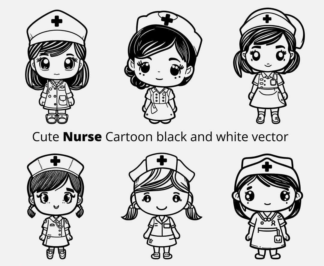 Cute Nurse Cartoon Black and White , Svg Ai Eps Illustrations Vectors Etsy