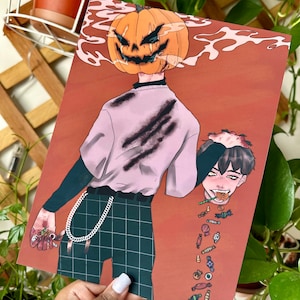 Pumpkin Head Art Print ~ Estetica Halloween Art Print ~ Anime Wall Decor ~ Jack O&#39; Lantern~ Spooky Art Print ~ Horror