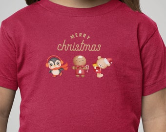 Buon Natale / T-shirt per bambini / T-shirt natalizia / Pan di zenzero / Orsacchiotto / Pinguino / Regalo di Natale / T-shirt in jersey fine per bambini