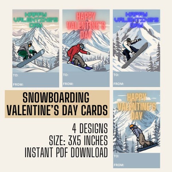 Snowboard Valentines For Boys Snowboarding Valentine's Day Printables For School Mountain Valentines Happy Valentines Day Skiing Winter pdf