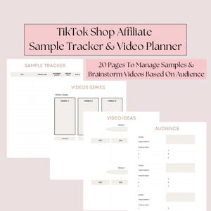May include: A printable planner for TikTok shop affiliates. The planner includes sections for sample tracking, video series planning, video ideas, and audience brainstorming. The planner is designed to help users manage their samples and create engaging videos for their target audience.