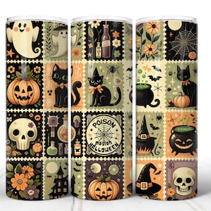 Sellos de Halloween, envoltura para vaso, PNG, fantasmas, envoltura para vaso de Halloween, sello de calavera, otoño, gato negro, murciélago, sublimación PNG, sello de otoño, poción de calabaza PNG
