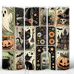 Sellos de Halloween, envoltura para vaso, PNG, fantasmas, envoltura para vaso de Halloween, sello fantasma, Halloween, gato negro, murciélago, otoño, sublimación PNG, sellos de otoño, calabaza