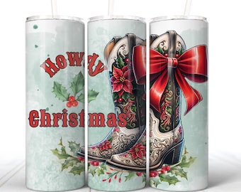 Howdy Christmas Tumbler Wrap PNG Christmas Cowboy Boots Western Christmas Design For Tumbler Wrap PNG Poinsettia Cowboy Boots Tumbler Rodeo