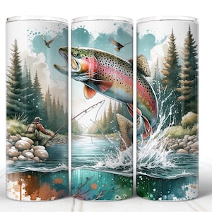 May include: A watercolor-style illustration of a trout jumping out of the water. The trout is a vibrant rainbow trout with red, orange, and yellow markings. The background features a green forest and a blue river. A fisherman is standing on the bank of the river, holding a fishing rod.