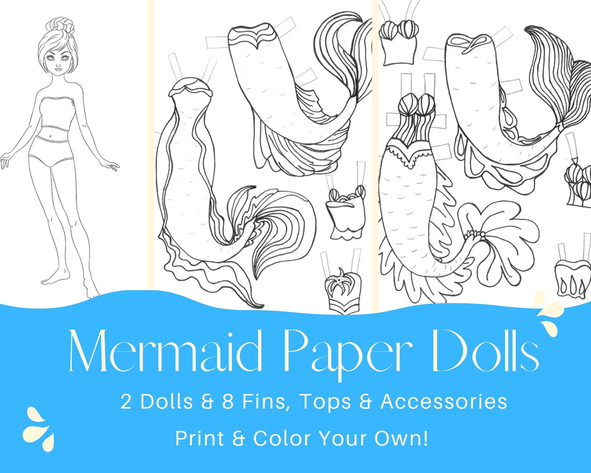 4 Articulated Mermaid Paper Dolls, Instant DIY Download Mermaid Crafts,  Mermaid and Under the Sea Party, Paper Dolls 