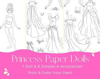 Princess Paper Dolls Road Trip Project Princess Party Kleur je eigen activiteit Poppen om te kleuren Mooie jurken om te kleuren Jurk kleurplaat