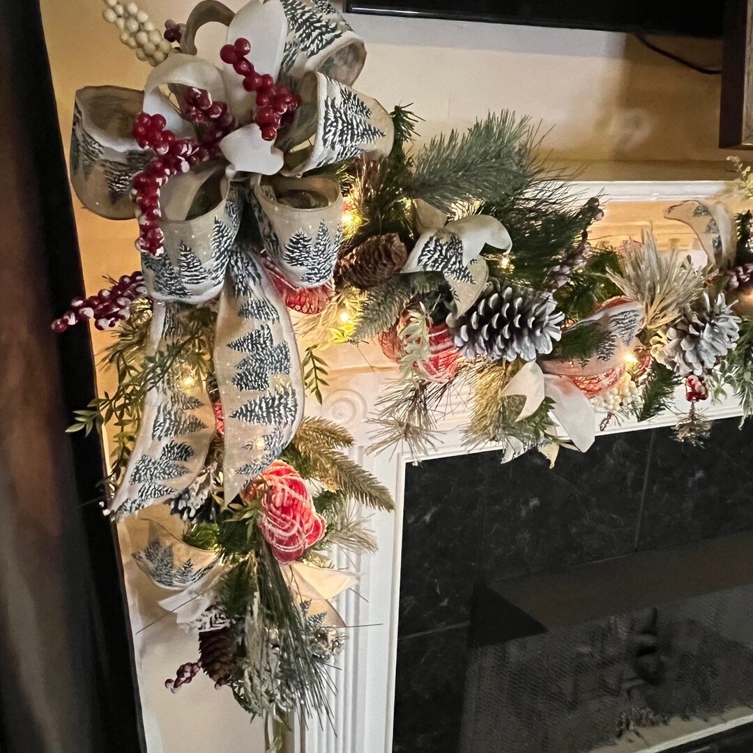 Red White Plaid Christmas Garland Frosted Snow Greenery Pine Etsy