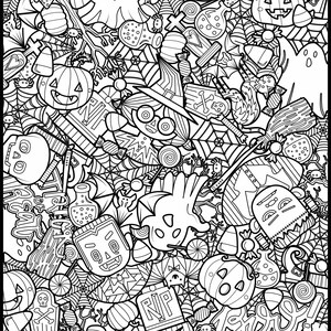 May include: A black and white illustration of a Halloween themed scene with a variety of spooky and fun elements, including ghosts, pumpkins, bats, candy, and spiders. The text "Trick or Treat" is featured in the top left corner.