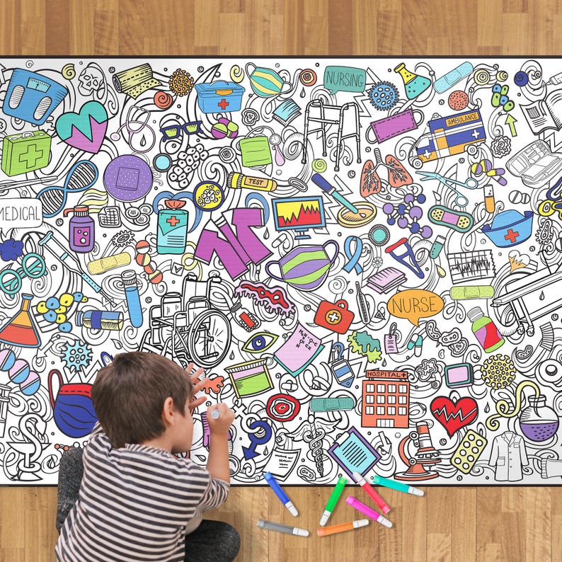 Hospital medical coloring poster for clinics labs hospitals and health centers. Great for team building and some relaxing while on the job. Includes images for nurses nursing doctors bandaids wheelchair etc
