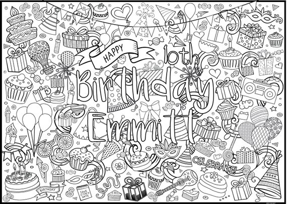 Birthday Coloring Page, Giant Coloring Sheet With Name, Birthday Coloring  Poster With Age, Birthday Party Activity, Birthday Gift for Kids 