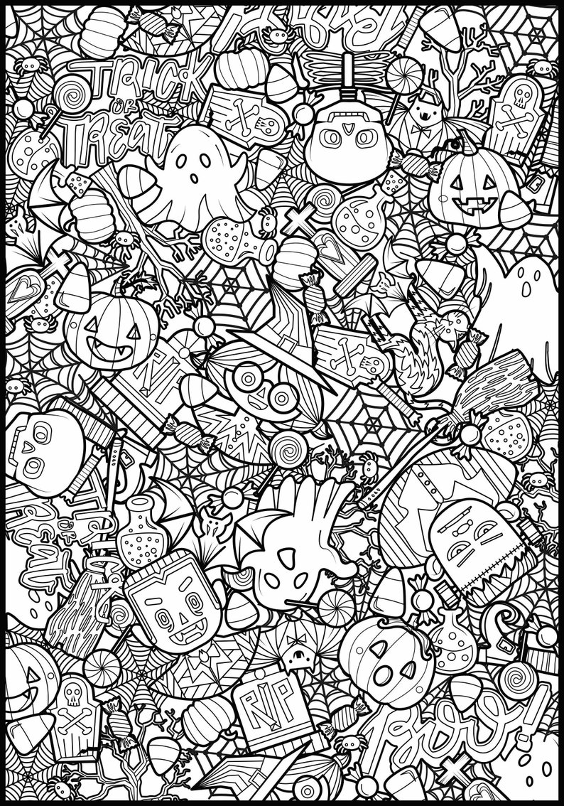 May include: A black and white illustration of a Halloween themed scene with a variety of spooky and fun elements, including ghosts, pumpkins, bats, candy, and spiders. The text "Trick or Treat" is featured in the top left corner.