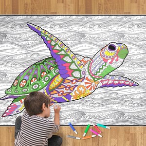 May include: A large coloring page featuring a detailed illustration of a sea turtle swimming in the ocean. The turtle is surrounded by waves and fish. The page is printed on white paper and is ready to be colored.