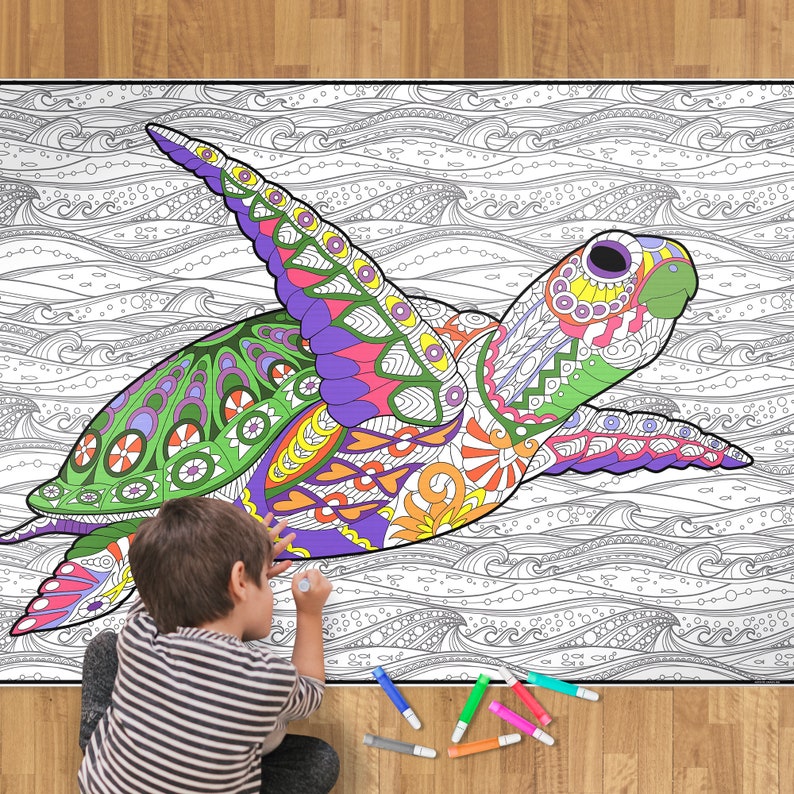 May include: A large coloring page featuring a detailed illustration of a sea turtle swimming in the ocean. The turtle is surrounded by waves and fish. The page is printed on white paper and is ready to be colored.