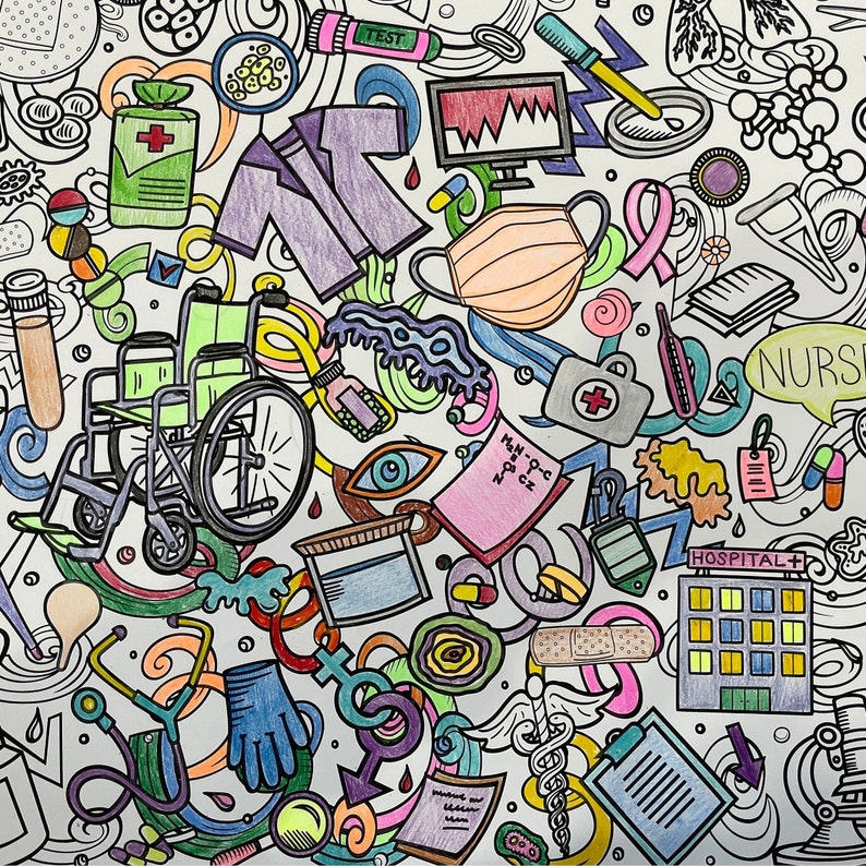 May include: A colorful doodle illustration with a medical theme. It includes a wheelchair, a hospital building, a stethoscope, a thermometer, a first aid kit, a mask, a nurse's cap, and the word "NURSE".